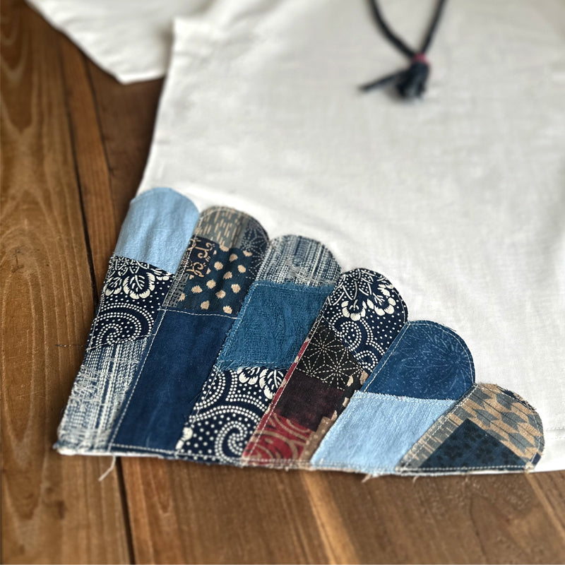 Heavyweight pure cotton indigo ancient cloth splicing round neck T-shirt hand-sewn