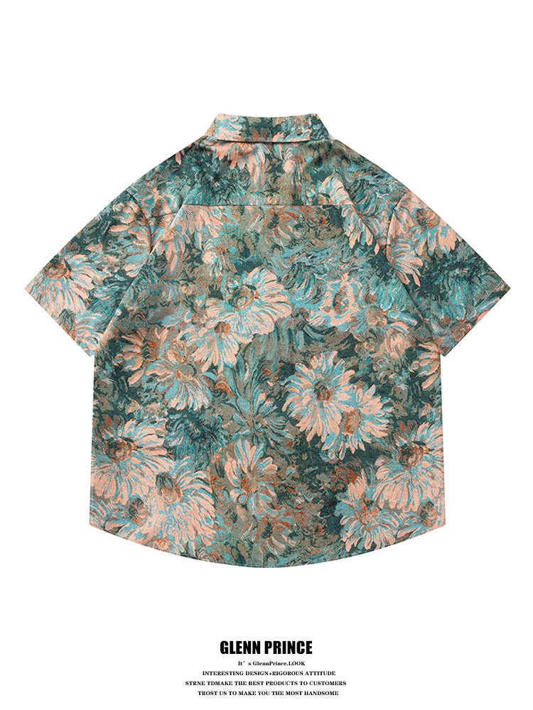 Hong Kong Style Vintage Oil Painting Floral All-over Short Sleeve Shirt Men's Summer Hawaiian Beach Half Sleeve Shirt