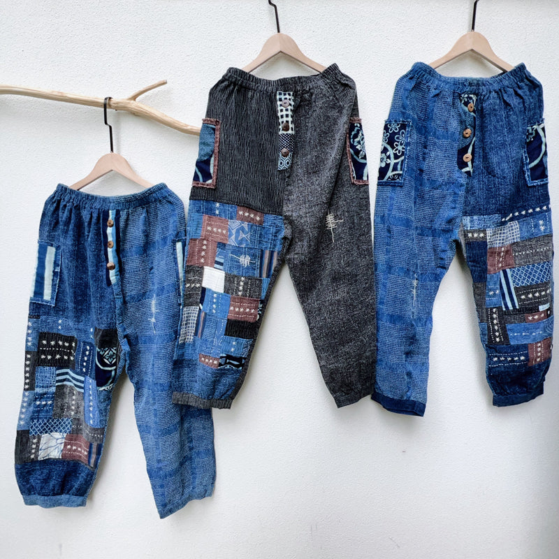 New Thailand handmade thorn embroidery patchwork washed cotton casual pants comfortable blue dyed pants
