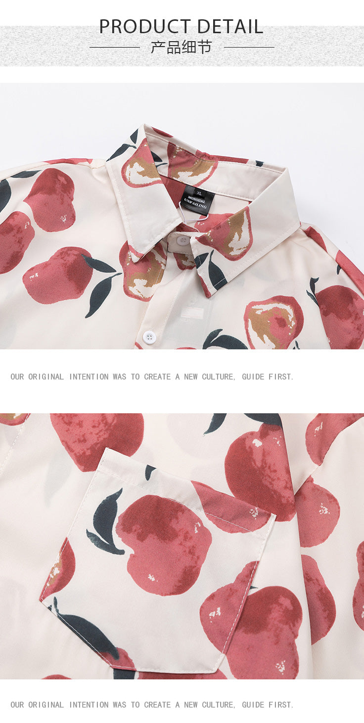 Japanese Hawaiian Peach Full Print Short Sleeve Shirt Men's Summer Hong Kong Style Couple Half Sleeve Flower Shirt