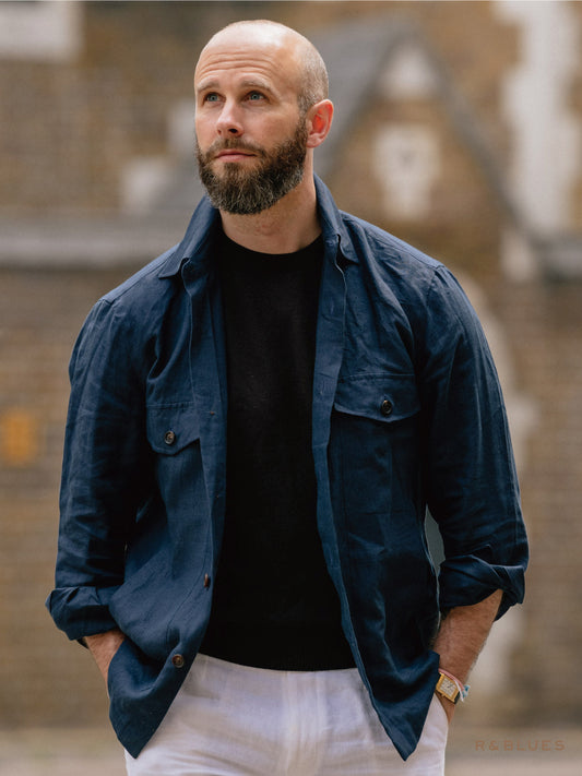 [R&BLUES linen shirt jacket] navy green bean paste green brown linen long-sleeved hunting jacket