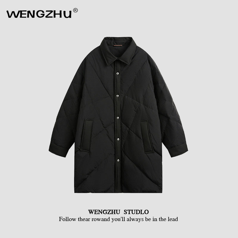 "Designer Brand" Unisex Diamond Plaid Lapel Down Jacket Mid-length Jacket Trendy