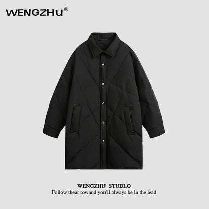 "Designer Brand" Unisex Diamond Plaid Lapel Down Jacket Mid-length Jacket Trendy