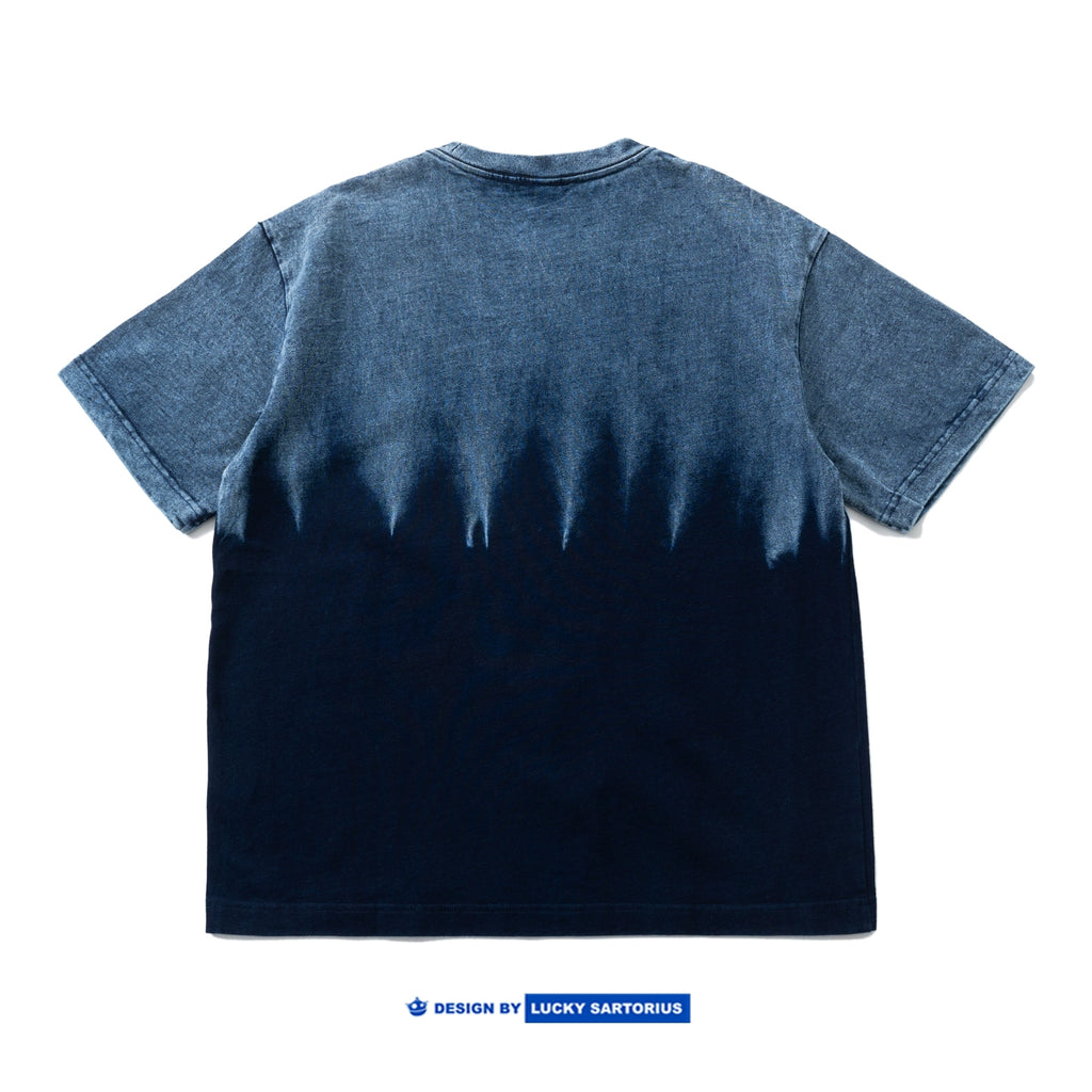 Heavy-duty washed ready-to-wear, nitrate-washed, gradient crewneck short-sleeved T-shirt, loose casual trendy brand logo embroidery T-shirt for men and women