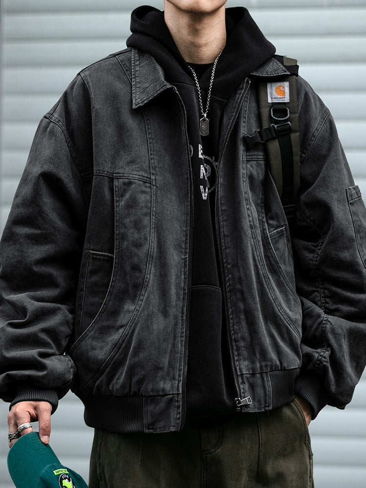 Vintage Washed Leather-Collar Cargo Jacket – Loose Barn Style (Unisex)