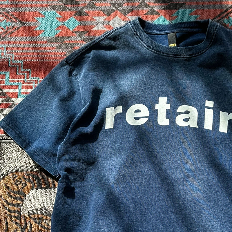 Japanese retro high grammage 320g washed indigo crew neck pullover short sleeve T-shirt English print T-shirt for men and women