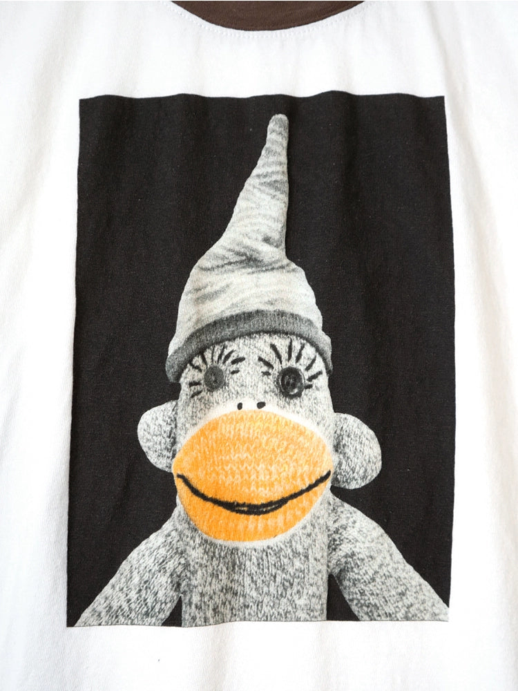 Japanese loose casual cotton heavyweight crewneck color-blocked doll monkey print short sleeve T-shirt