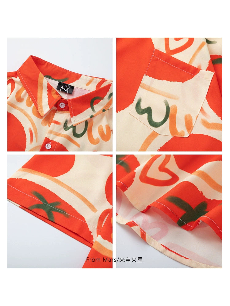 Harajuku wind ins red apricot color white shirt fruit full print lazy summer tide