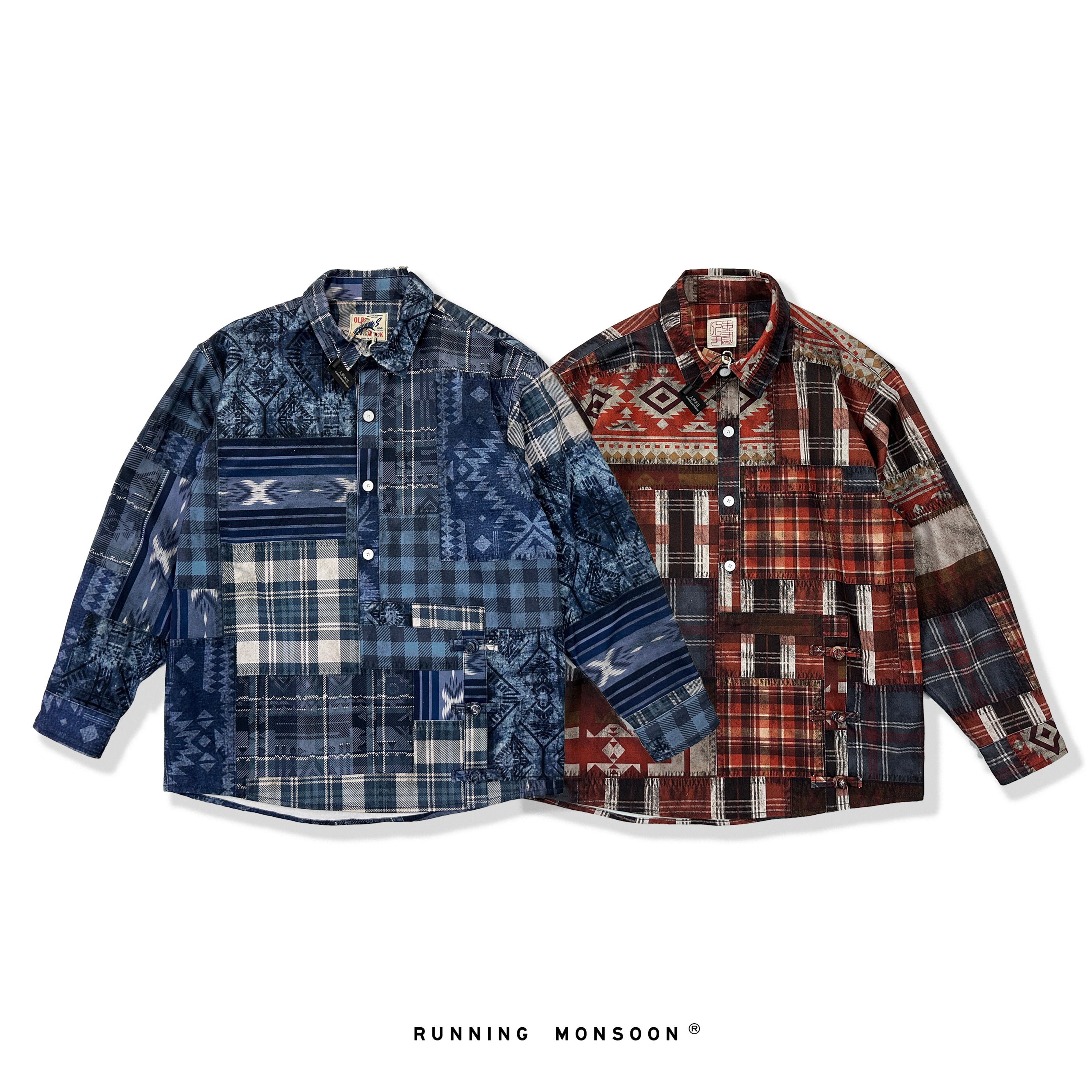 Original Menswear Retro Distressed Plaid Collage Printed Cotton Shirt Long Sleeve Shirt Autumn Winter New Arrivals