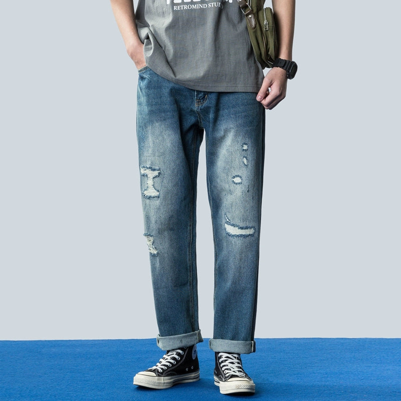 Spring/Summer New Men's Selvedge Bare-Eared Jeans Young Men's Slim Fit Ripped Wash Denim Trousers