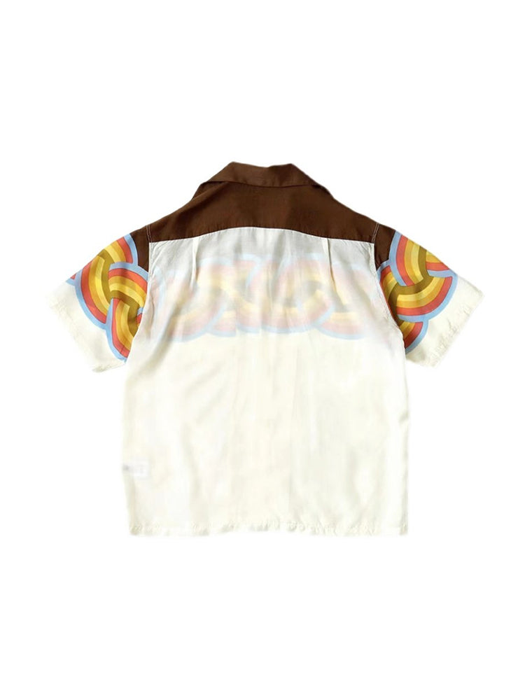 Japanese unisex rainbow wave color-block breasted loose casual short-sleeved shirt