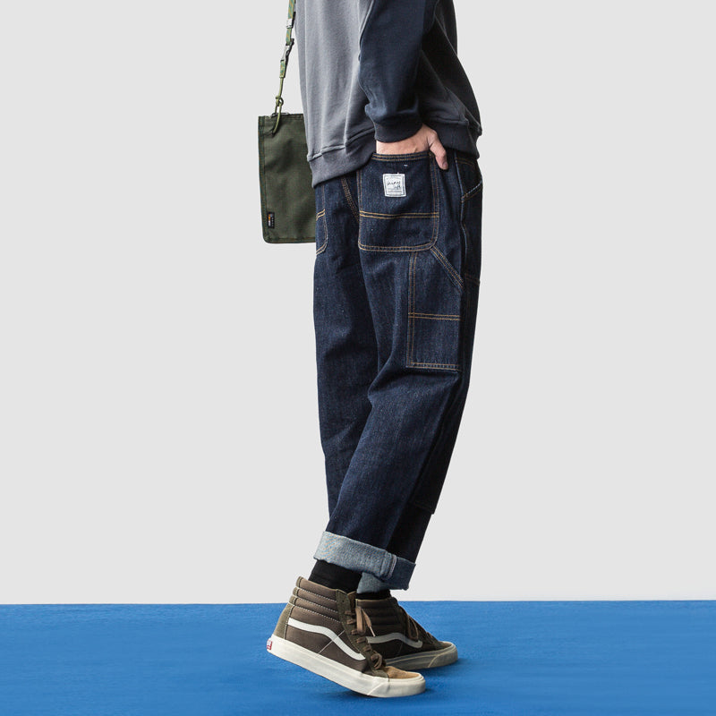 Japanese work style knee patch loose straight pants, old man jeans