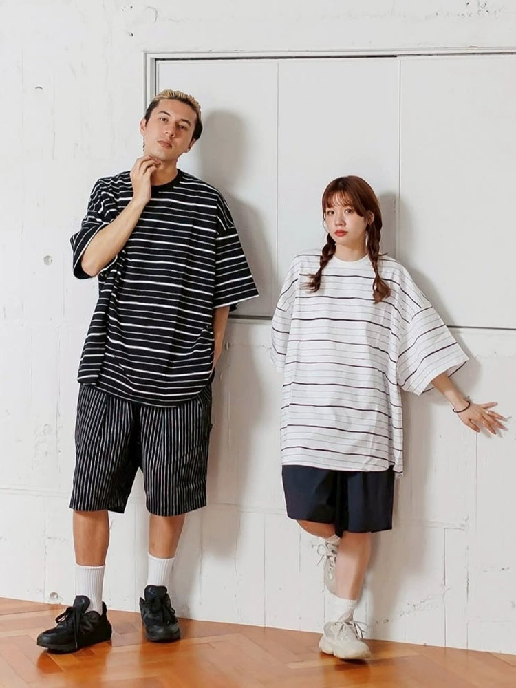 S.F.C 25ss Japanese Hand-Painted Striped Short Sleeve T-Shirt Extra-wide Fit T-Shirt Men's and Women's Silhouette T-Shirt Tops