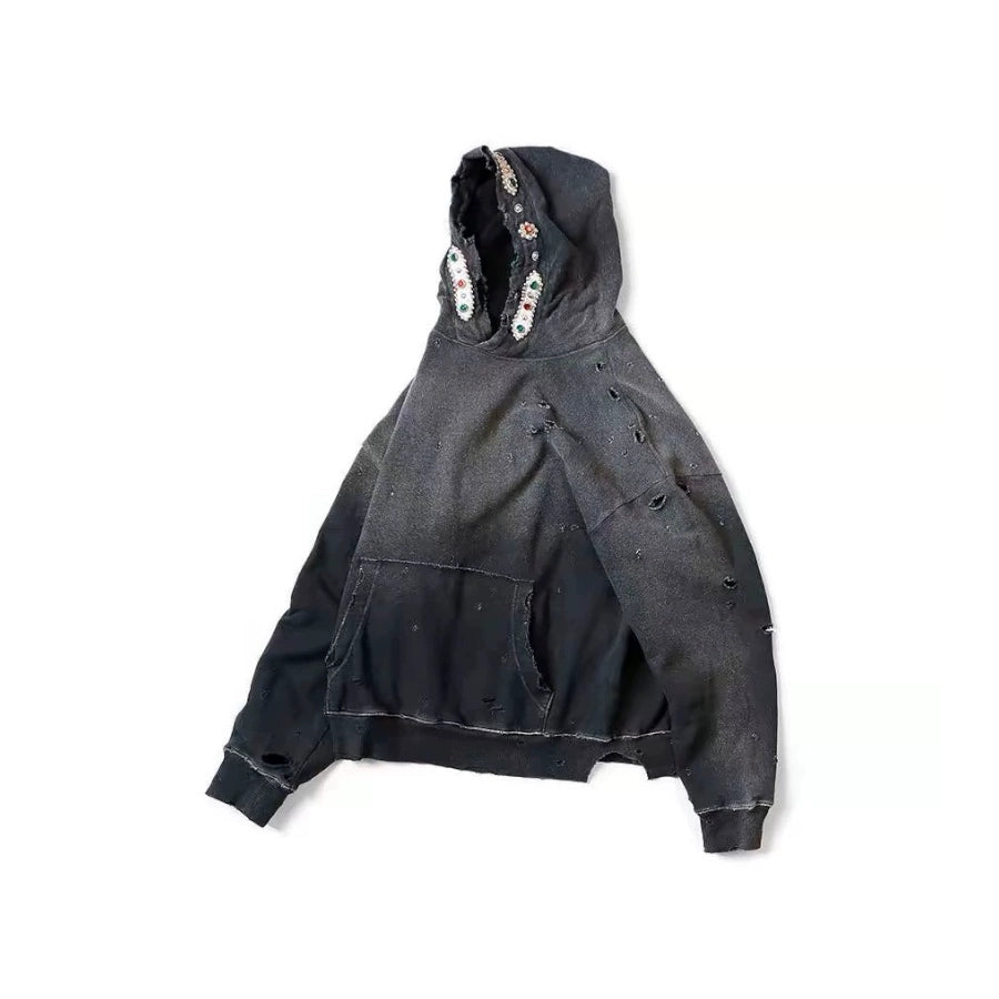 Kapital 25AW Bieber Same Hooded Sweatshirt - Japanese Batik Washed Destruction Gemstone Style