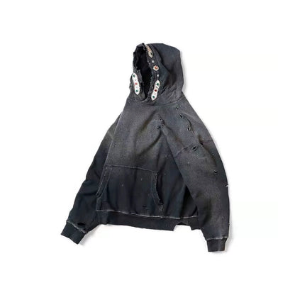 Kapital 25AW Bieber Same Hooded Sweatshirt - Japanese Batik Washed Destruction Gemstone Style