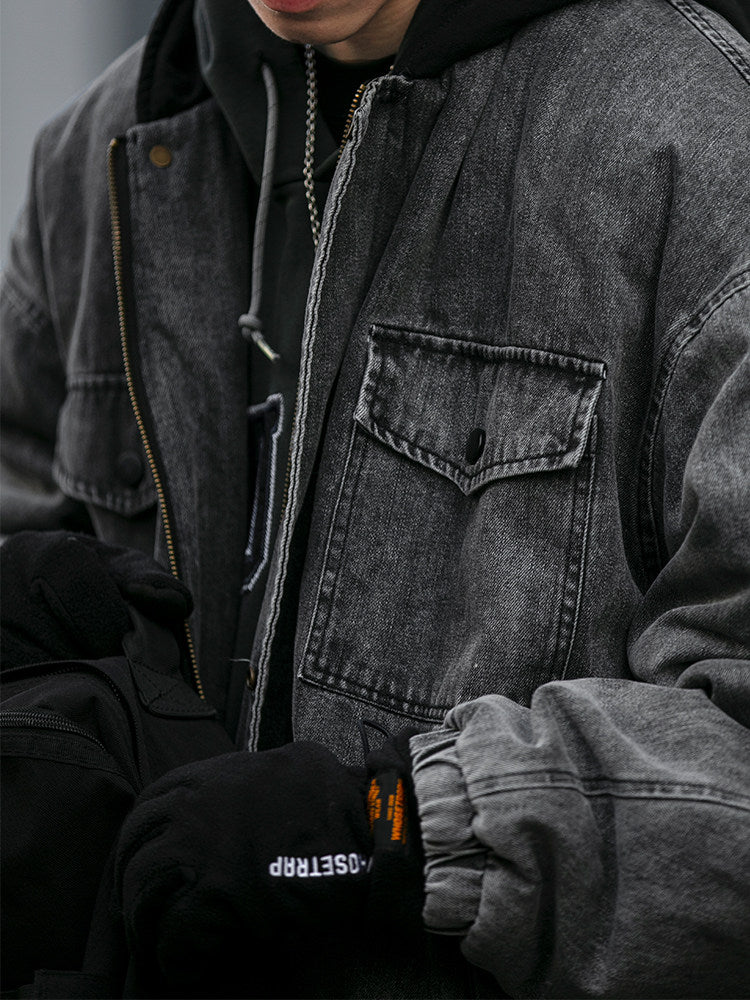 Washed Hooded Denim Patchwork Cotton Jacket – Drop Shoulder Loose Workwear Unisex – Coats Jackets | japanese streetwear | vintage workwear | unisex | Yamalinclothes
