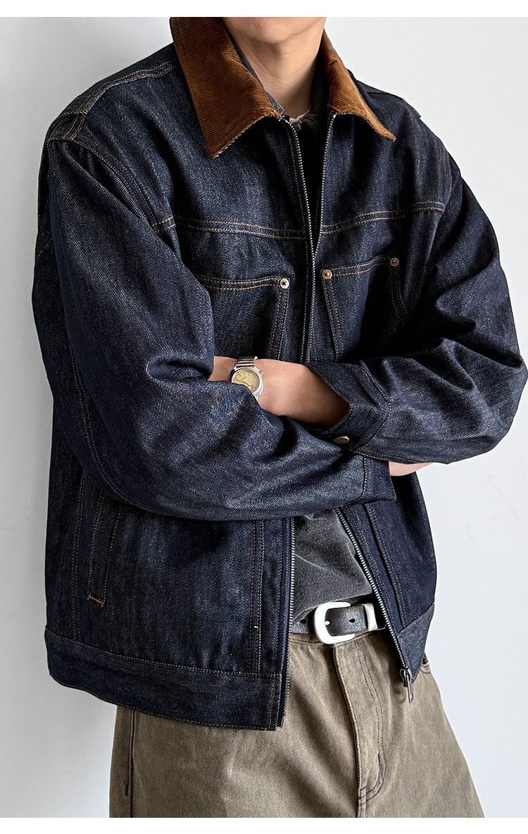 Denim Jacket – Corduroy Collar & Zip Front | Yamalinclothes