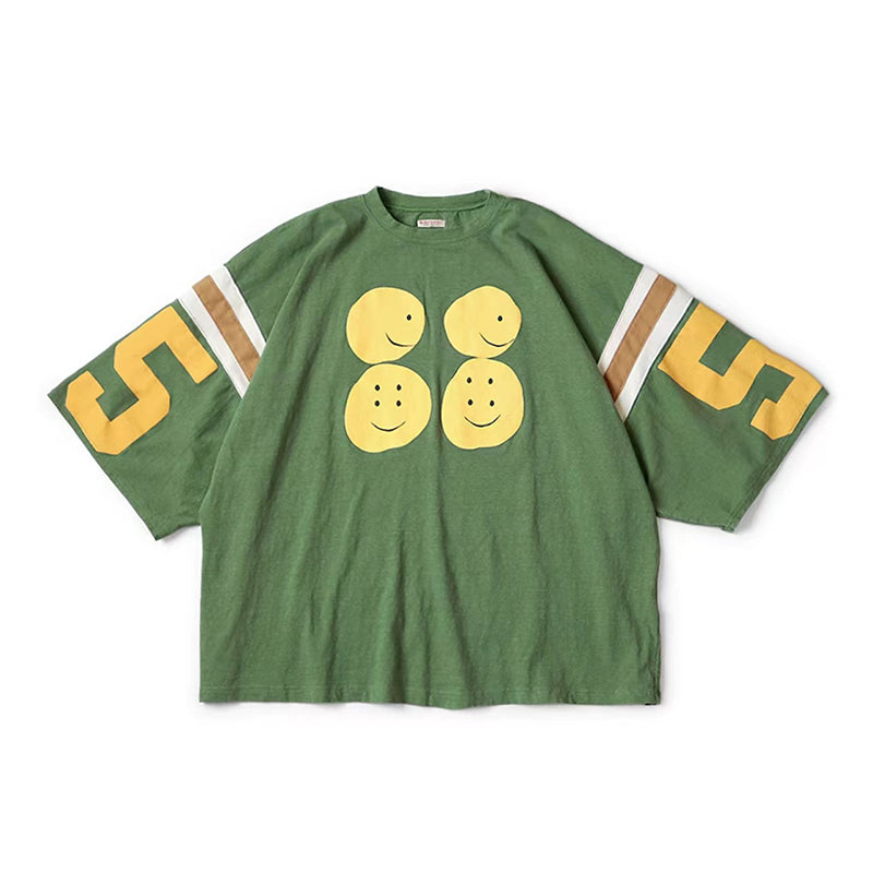 Japanese three-color batik color matching letter smiley face five-point sleeve loose short sleeve T