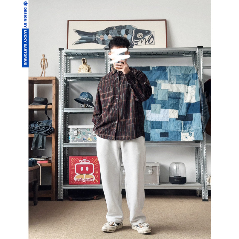 Japanese loose casual colored cotton striped long sleeve shirt