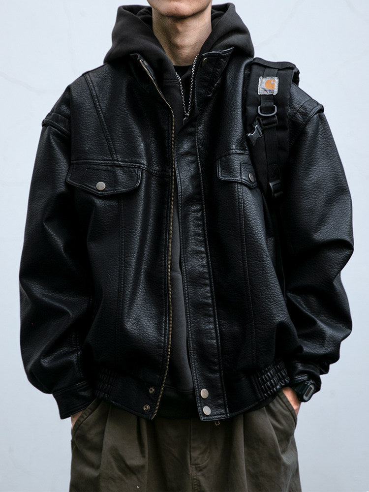 American Vintage Pebbled Leather Moto Jacket – Oversized Stand Collar Men's Coat