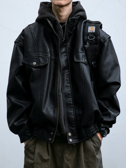 American Vintage Pebbled Leather Moto Jacket – Oversized Stand Collar Men's Coat