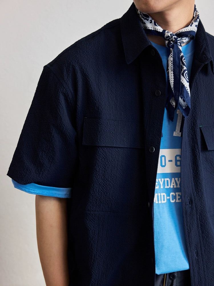 SEERSUCKER POCKET CARGO SHORT SLEEVE SHIRT MEN'S SUMMER 2024 NEW TREND THIN SHIRT TIDE
