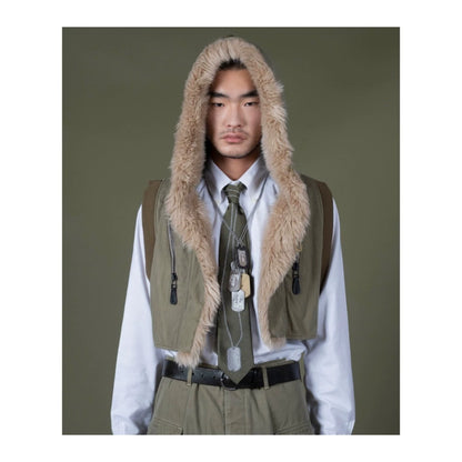 Kapital 25AW Japanese Warm Vest - Fur Collar Herringbone Hooded Casual Outerwear