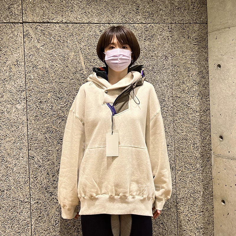 Three-color pure cotton Japanese nylon splicing irregular hooded loose sweatshirt