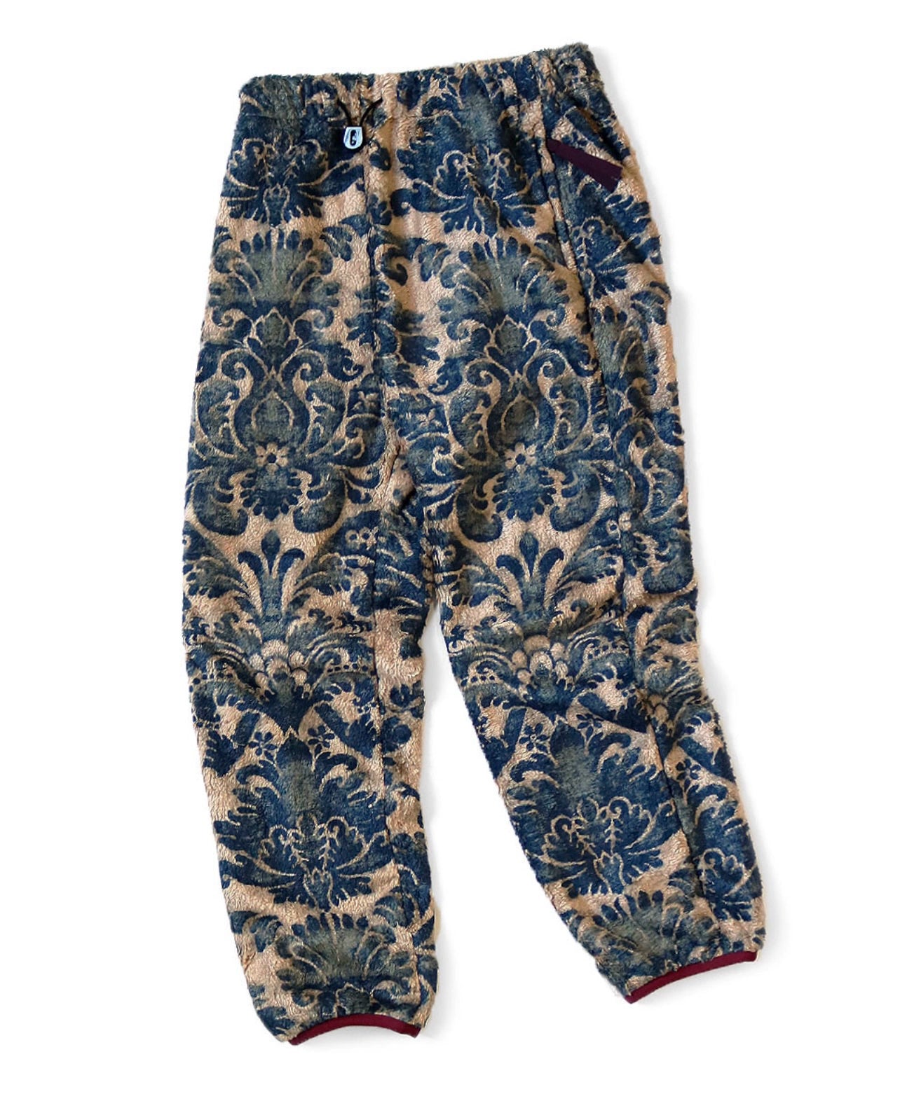 23AW Japanese ethnic style flowers blue dyed warm rocker fleece elastic trousers