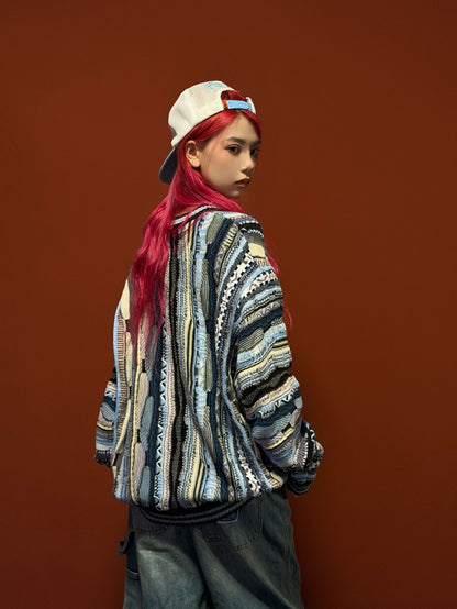 Vertical Stripe Patchwork Jacquard Crew Neck Sweater – Loose Unisex