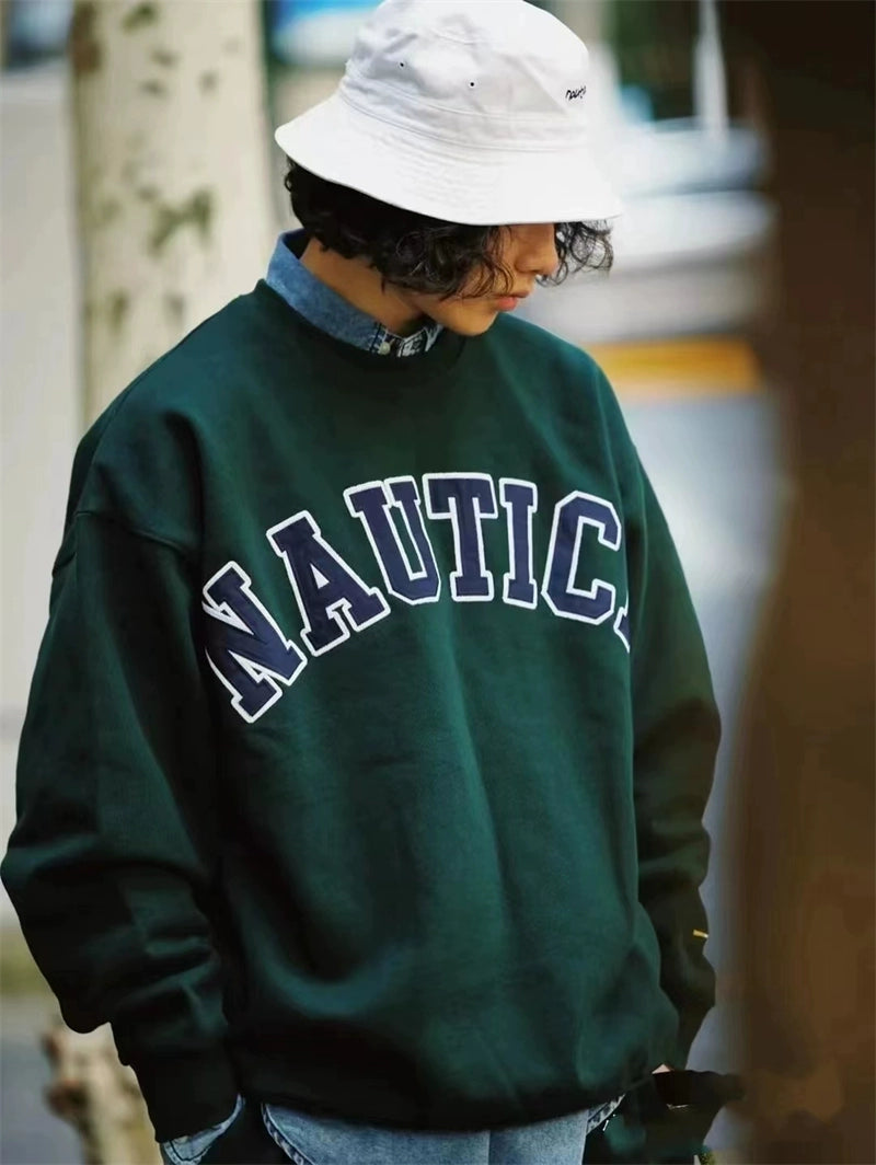 Long sleeve T-shirt men loose casual round collar letter embroidery city boy heavy T-shirt