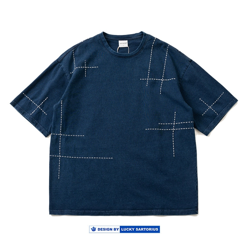 Vintage indigo washed thorn embroidery cotton loose short-sleeved T-shirt summer literary sense youth casual tee