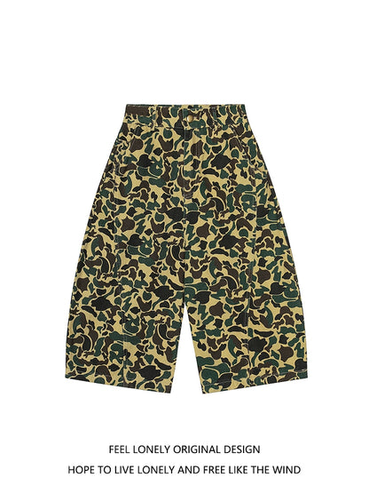 American retro camouflage jeans shorts, men's fashionable summer loose straight pants, street cropped pants