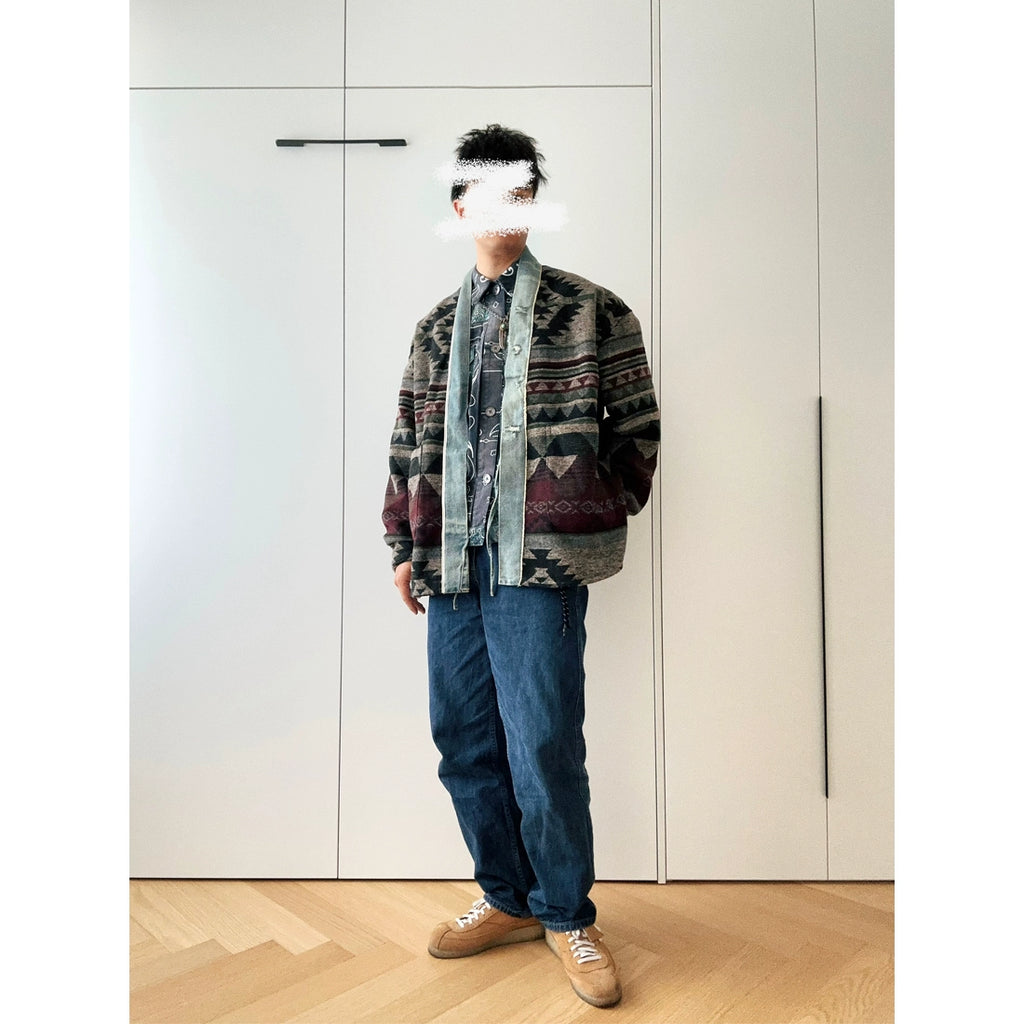 Japanese retro denim patchwork woolen ethnic style loose Taoist jacket for men