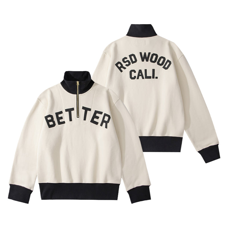 Vintage American Cotton Sweatshirt - Semi Zip Turtleneck with Letter Embroidery & Color Blocking