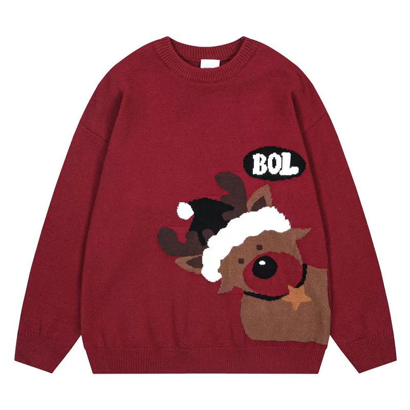 Soft and glutinous design red Christmas sweater for men and women winter atmosphere retro loose round neck sweater