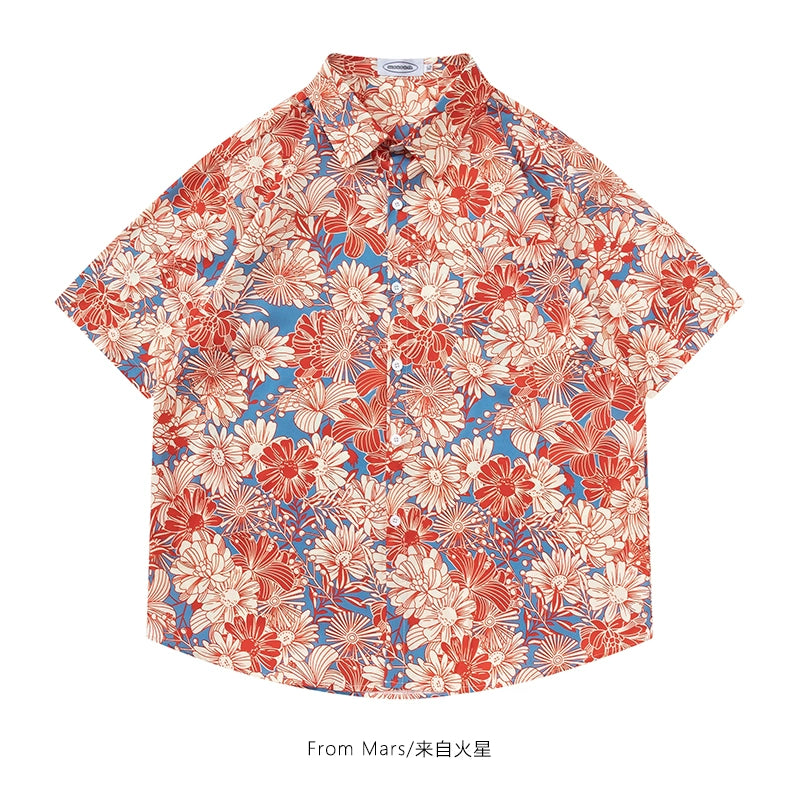 Vintage floral full-print short-sleeved shirt loose casual beach