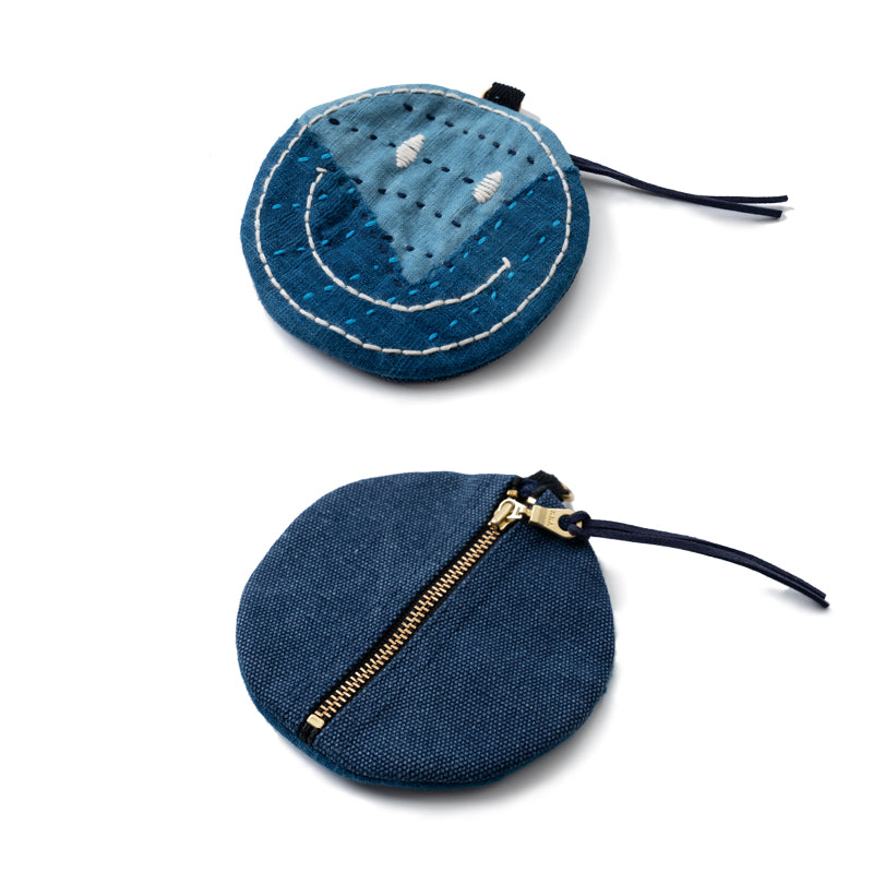 Handmade embroidered indigo fabric smiley coin purse