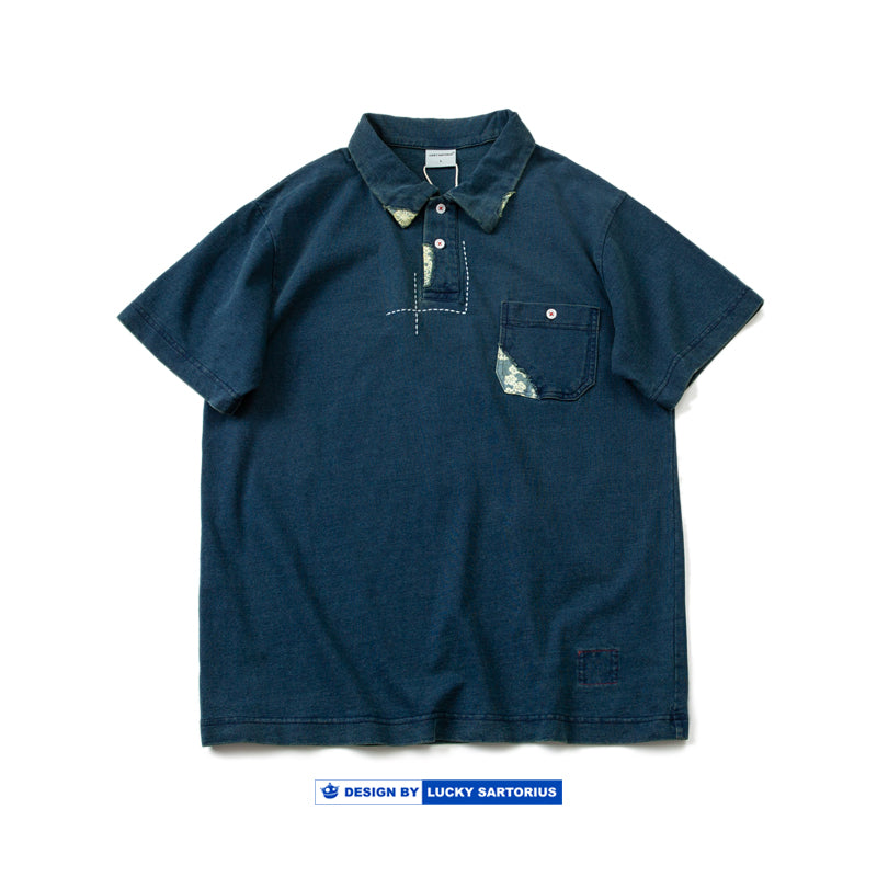 luckysartorius indigo dyed thorn embroidery patch craft Japanese loose version short-sleeved Polo shirt men's tide