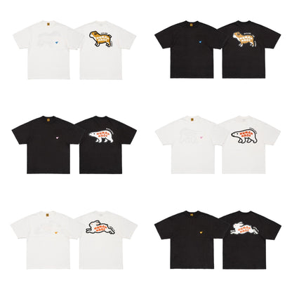 Japanese slub cotton summer animal cute print short-sleeved T-shirt weight 280g