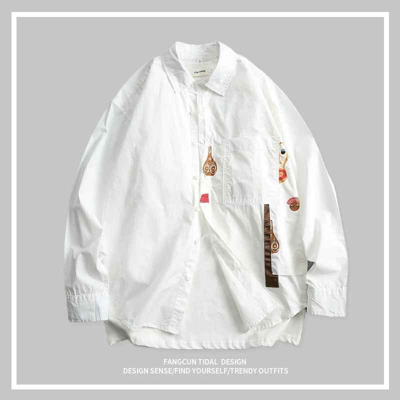 Niche design autumn style fun patchwork print pure cotton men's long-sleeved shirt