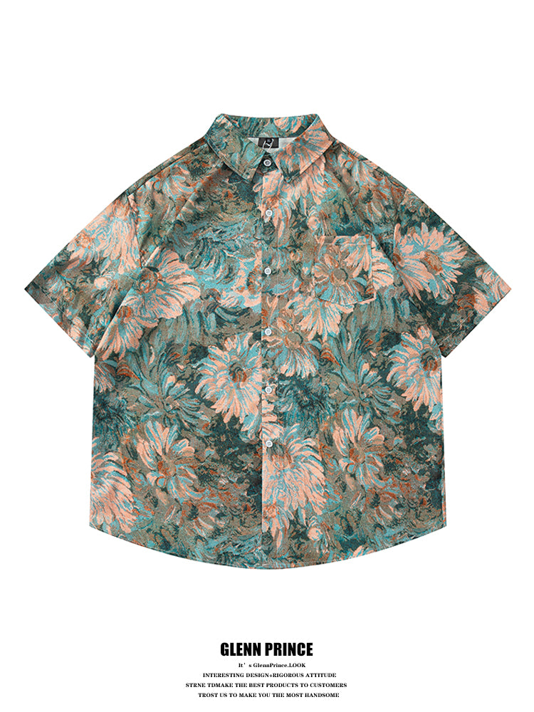 Hong Kong Style Vintage Oil Painting Floral All-over Short Sleeve Shirt Men's Summer Hawaiian Beach Half Sleeve Shirt