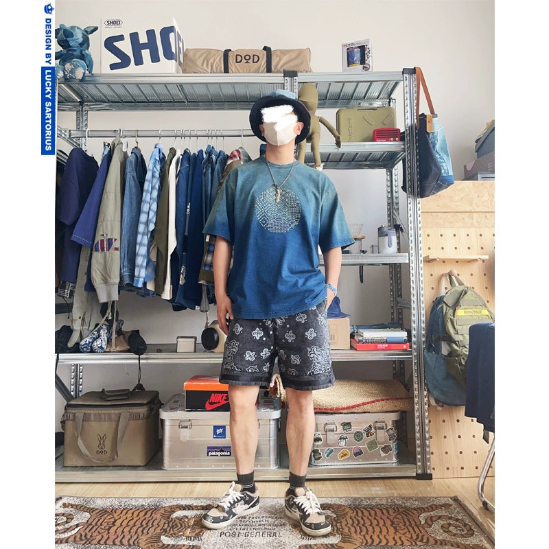 Gradient indigo dyed sashiko embroidery craft loose silhouette cotton youth men's round neck Japanese style short-sleeved T-shirt men's fashion