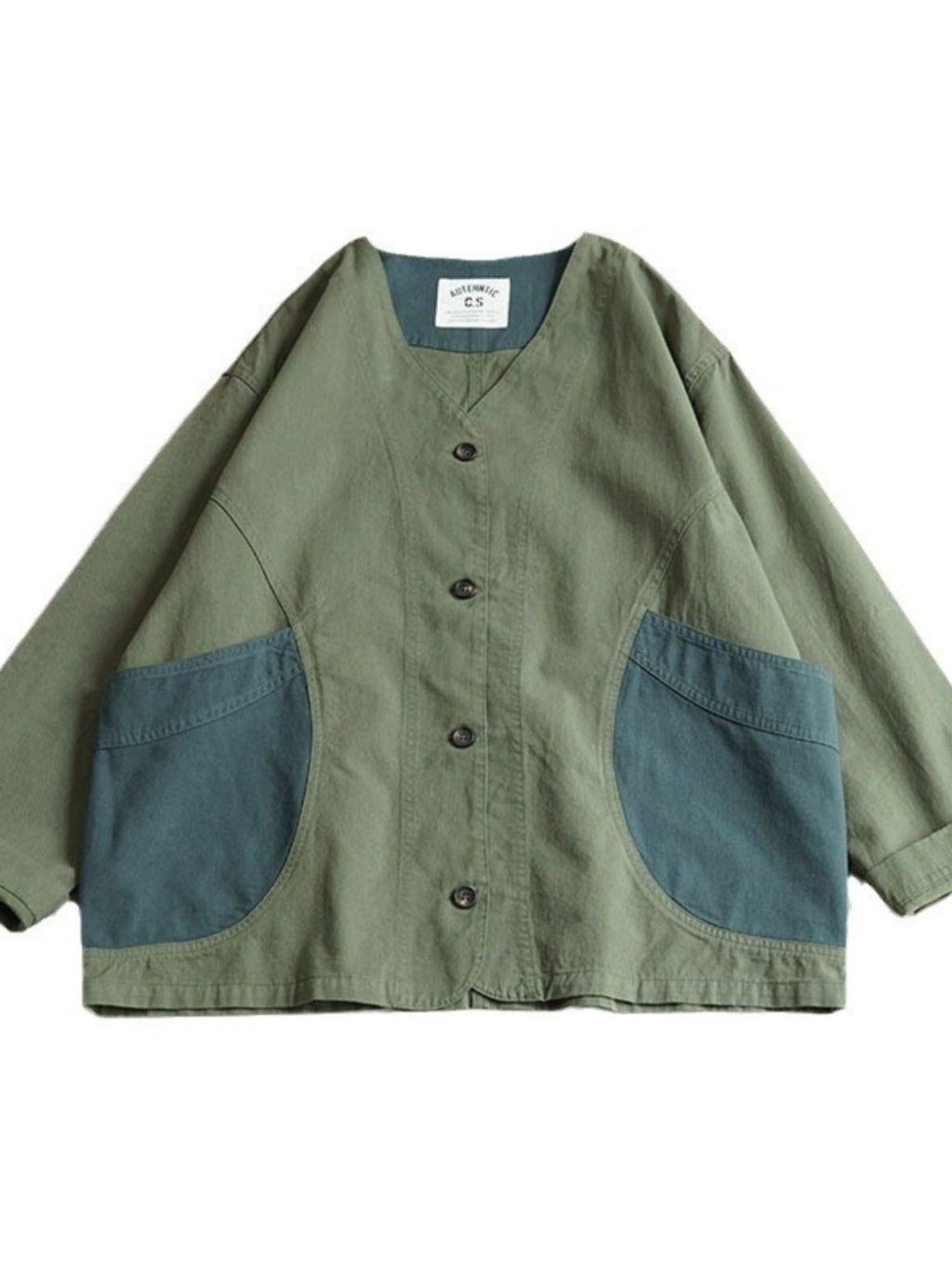 Japanese Color-Blocked V-Neck Pocket Jacket – Retro Cotton Spring/Autumn (Unisex)