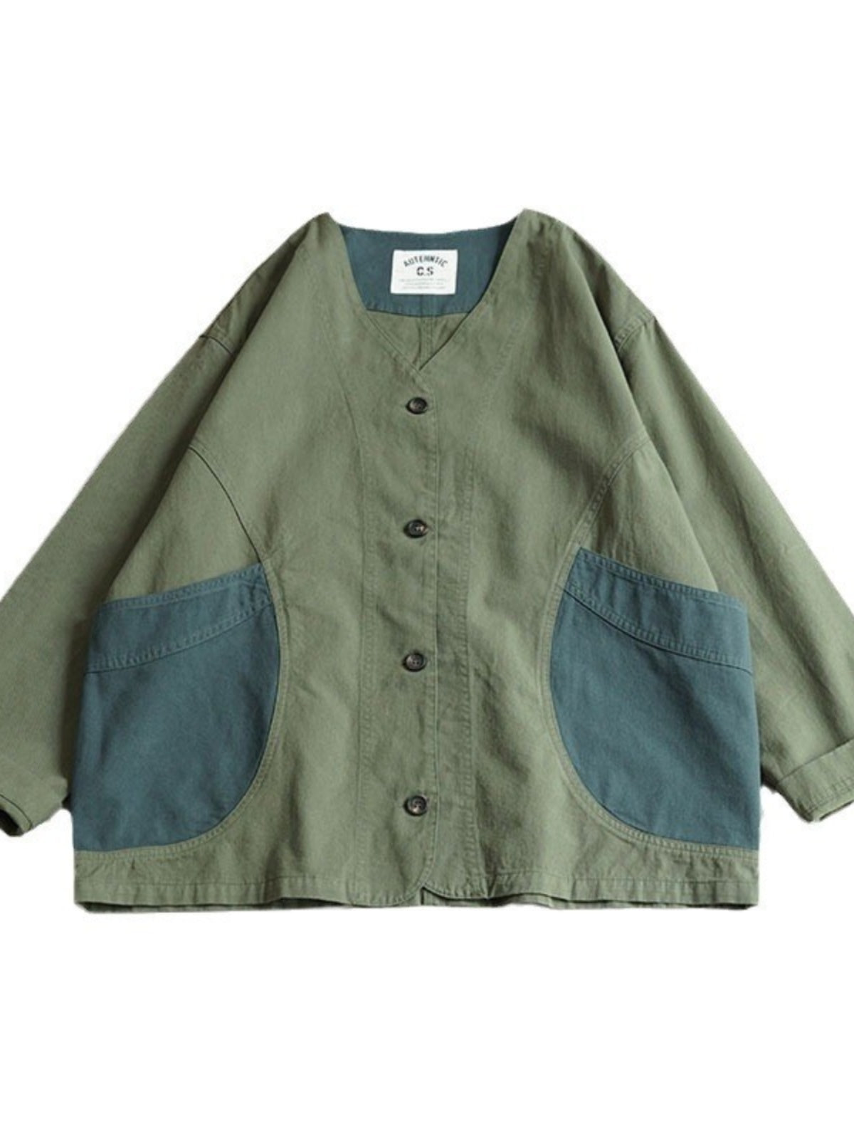Japanese Color-Blocked V-Neck Pocket Jacket – Retro Cotton Spring/Autumn (Unisex)