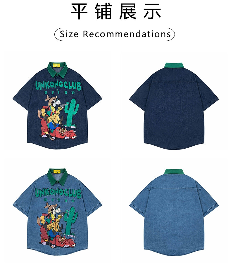 American retro fun cartoon jeans short-sleeved shirt men loose design sense niche shirt