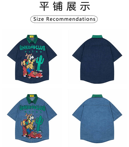 American retro fun cartoon jeans short-sleeved shirt men loose design sense niche shirt