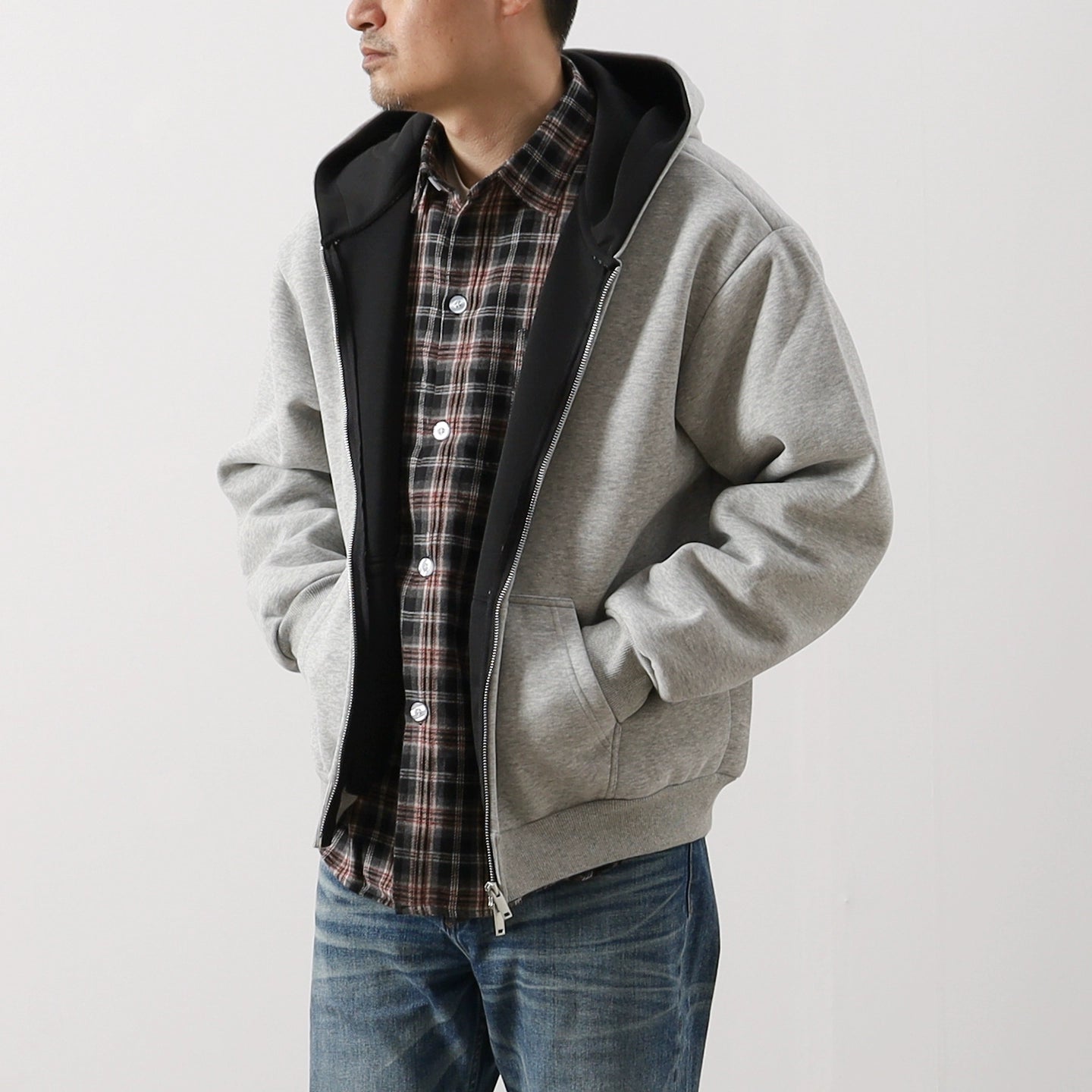 Heavy Contrast-Lined Hooded Cardigan – Short & Wide Loose Fit (Unisex)