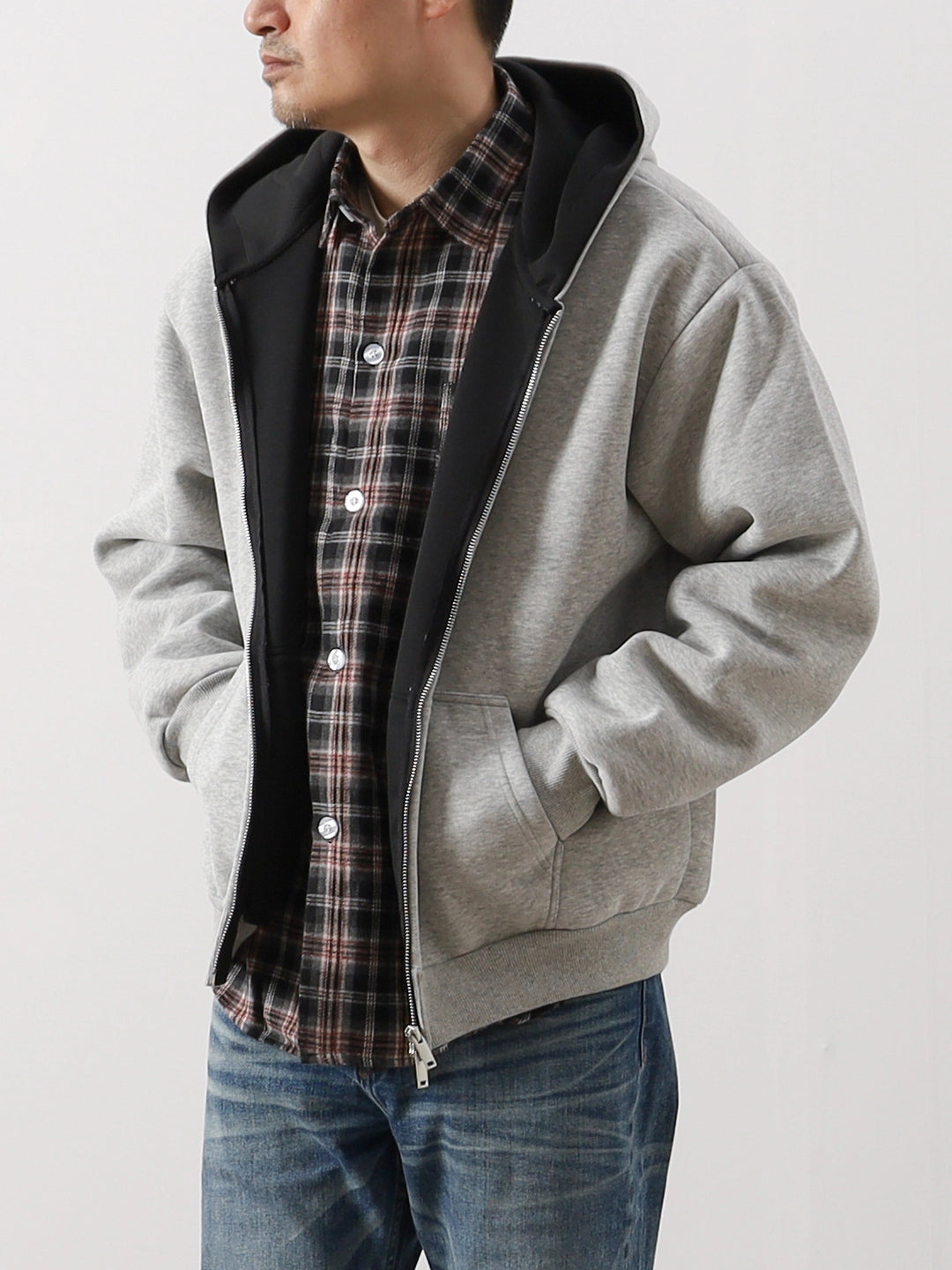 Heavy Contrast-Lined Hooded Cardigan – Short & Wide Loose Fit (Unisex)