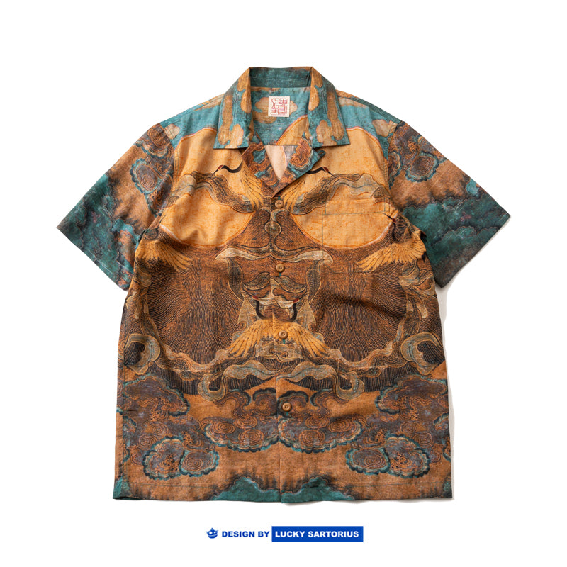 New Chinese style national style crane pattern lyocell tencel ice fabric summer short sleeve shirt shirt men and women